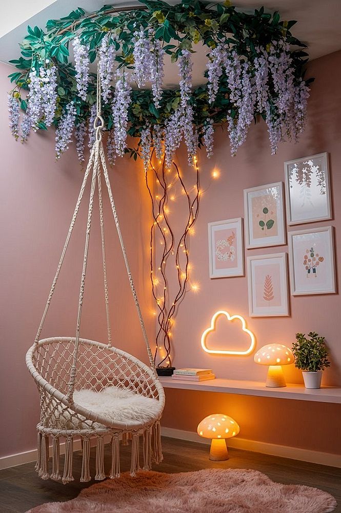 Whimsical Girl Bedroom: Magical Pastel Room Design with Twinkling Lights