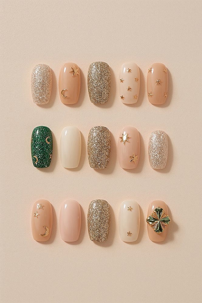 Emerald Green Cat Eye & Gold Press On Nails: Fairy Style