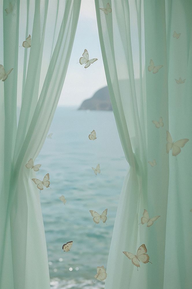 Ethereal Green Butterflies & Ocean Dreams Wallpaper