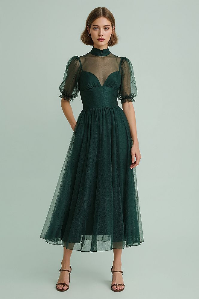 Elegant Evening Style: Dark Green Tulle Puffed Sleeve Midi Dress