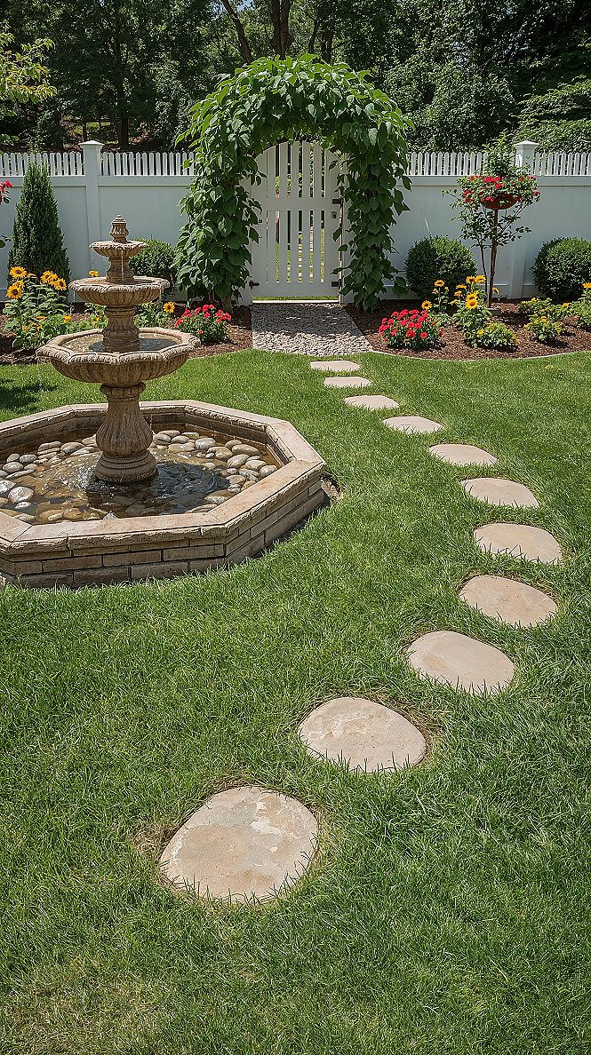 Charming Country Backyard: Small Fountain & Creative Garden Designs
