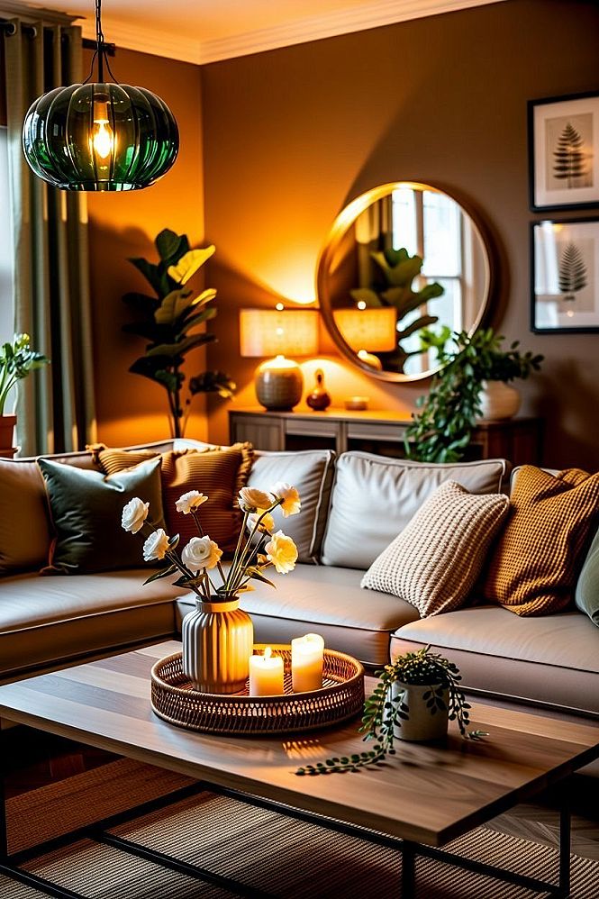 Cozy Apartment Living Room: Warm Lighting & Green Accents