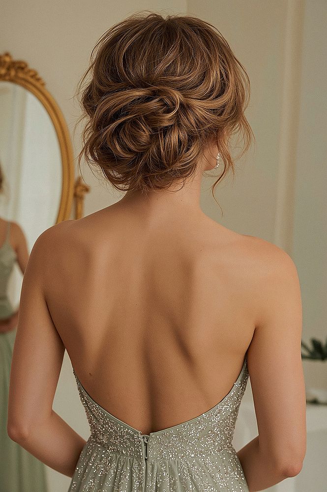 Romantic Messy Bun Hairstyles for Backless Dresses