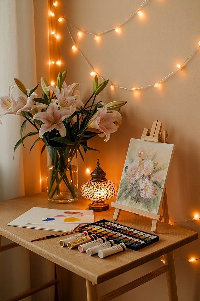 Cozy Aesthetic Art Desk Setup for Dreamy Creative Nights