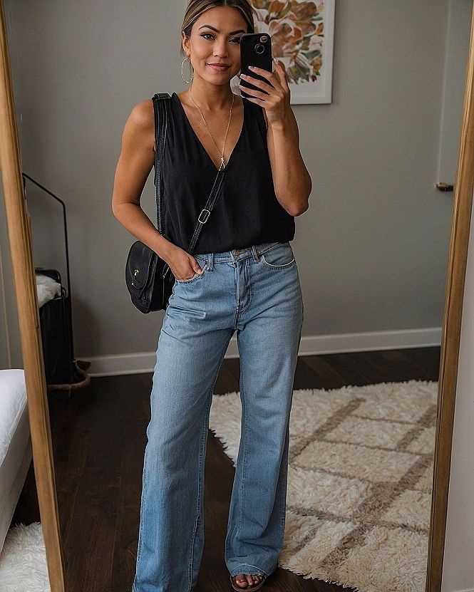 Pairing a Simple Black Tank Top With Light Wash Denim