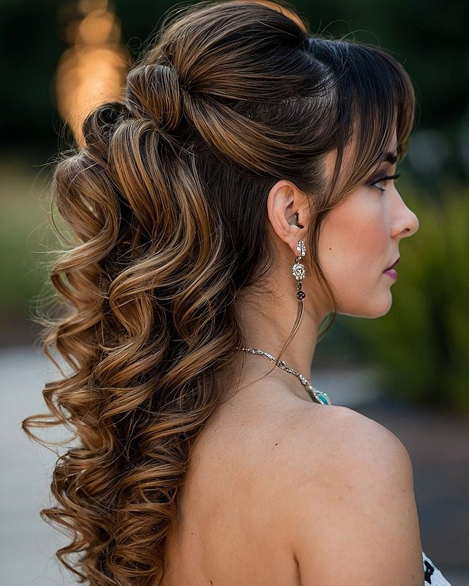Voluminous Half Up Hairstyle With Cascading Curls