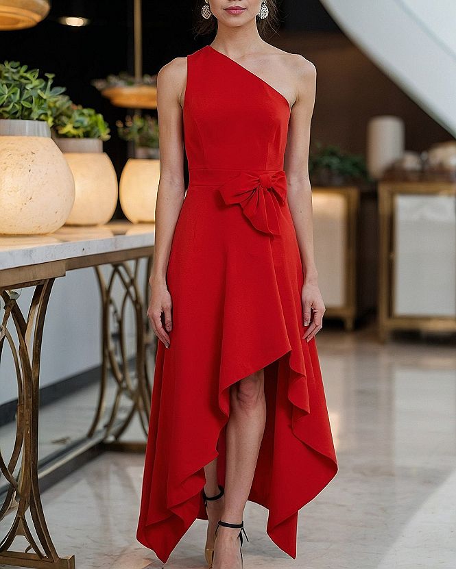 Styling an Asymmetric Red Dress with a Waist Bow
