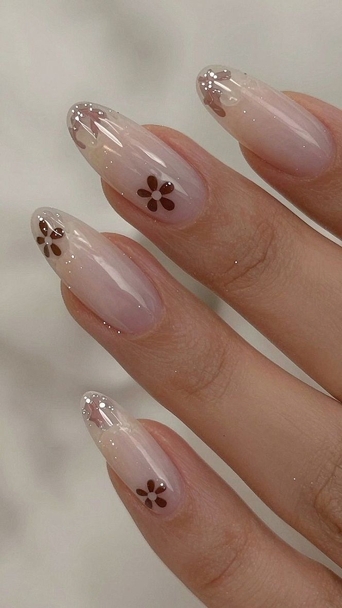 Adding Sheer Base Coats to Cute Brown Floral Nail Designs