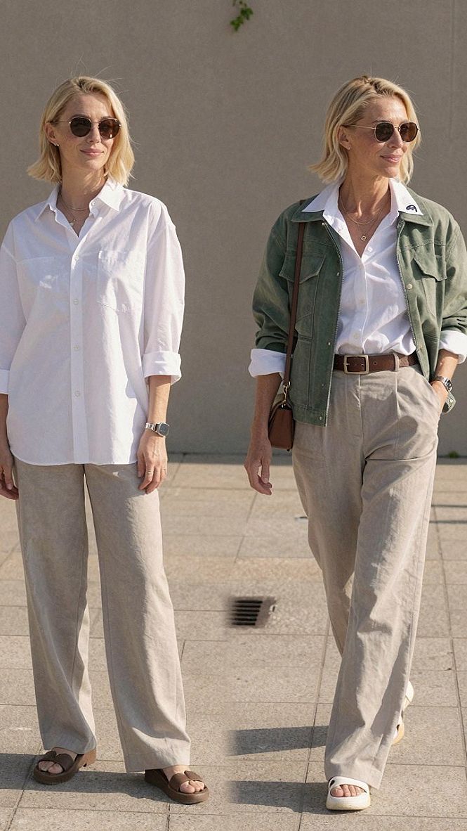 Styling Simple White Shirts With Soft Neutral Trousers