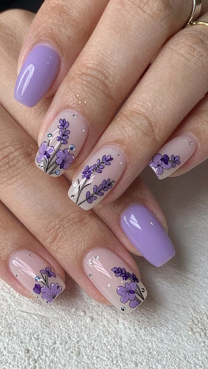 Adding Lavender Sprigs and Gems to Almond Nails