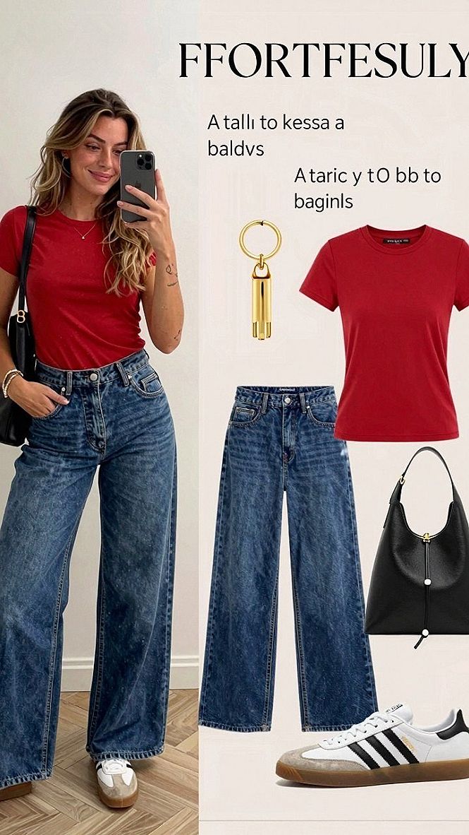 Tuck a Simple Red Tee Into High Rise Blue Jeans