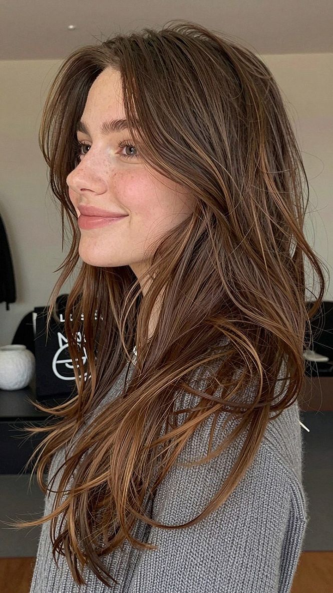Natural Warm Chestnut Tones with Long Layers