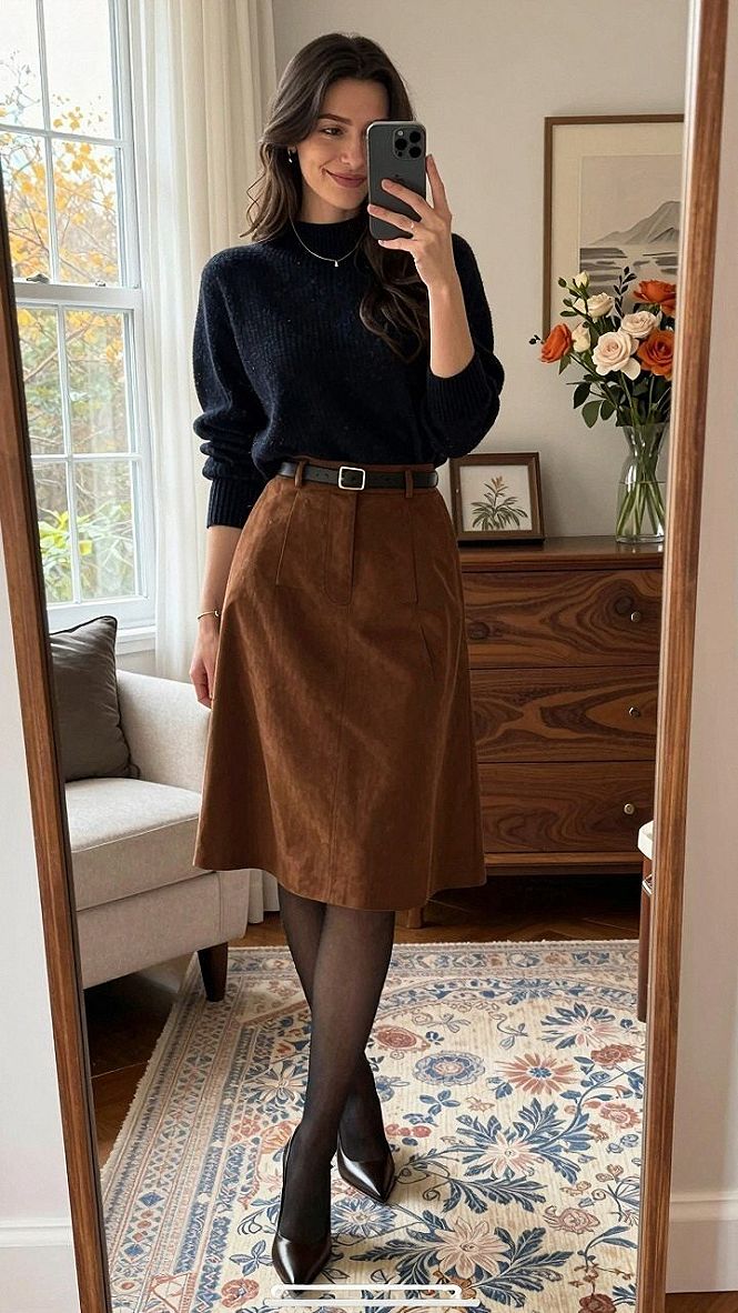 Pairing Brown Boots With a Suede Skirt and Knit Sweater