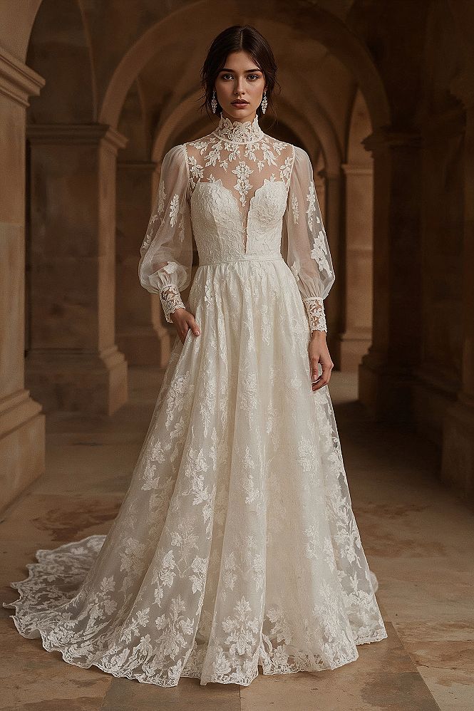 Timeless Couture: High Neck Long Sleeve A-Line Wedding Dresses