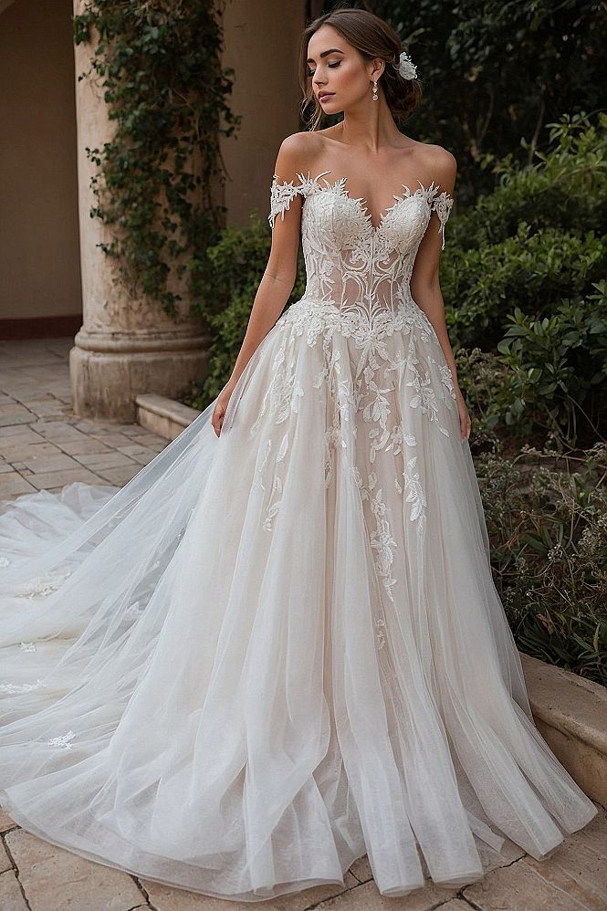 Off-the-shoulder lace bodice with flowing tulle skirt