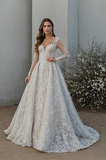 Lace-Adorned Sleeves Meet an Intricate Ballgown Skirt