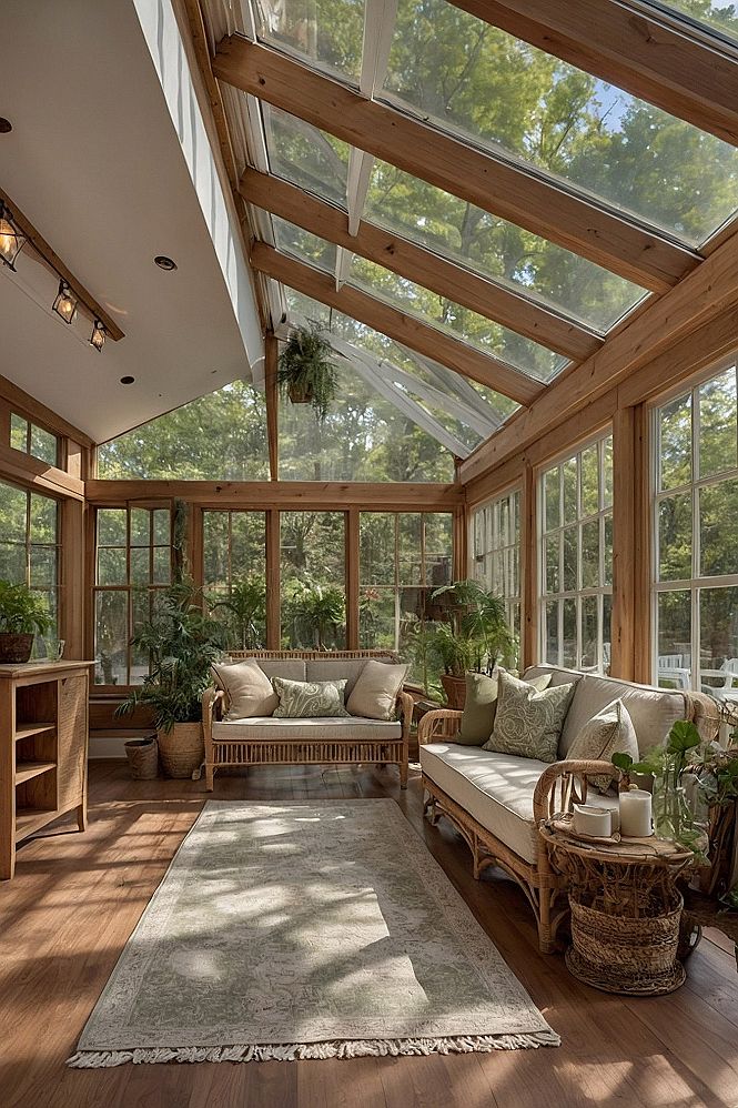 Sun-Drenched Conservatory with Woven Rattan Furniture