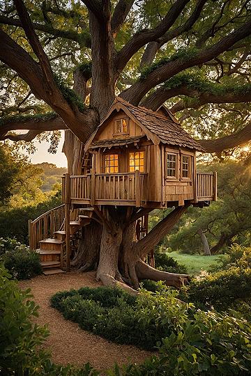 Rustic wooden treehouse nestled in ancient branches