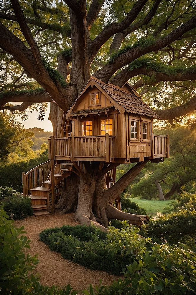 Rustic wooden treehouse nestled in ancient branches