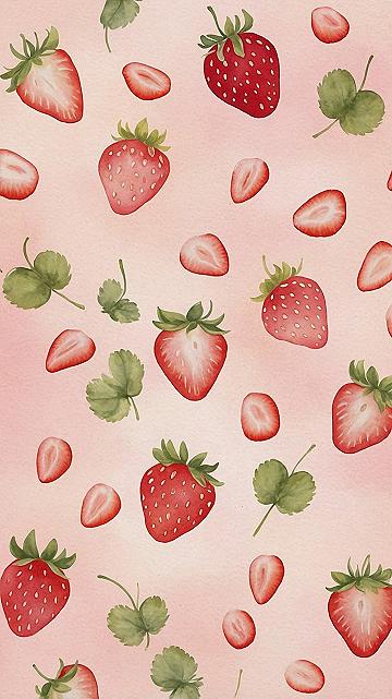 Watercolor strawberry print on soft pastel pink wallpaper