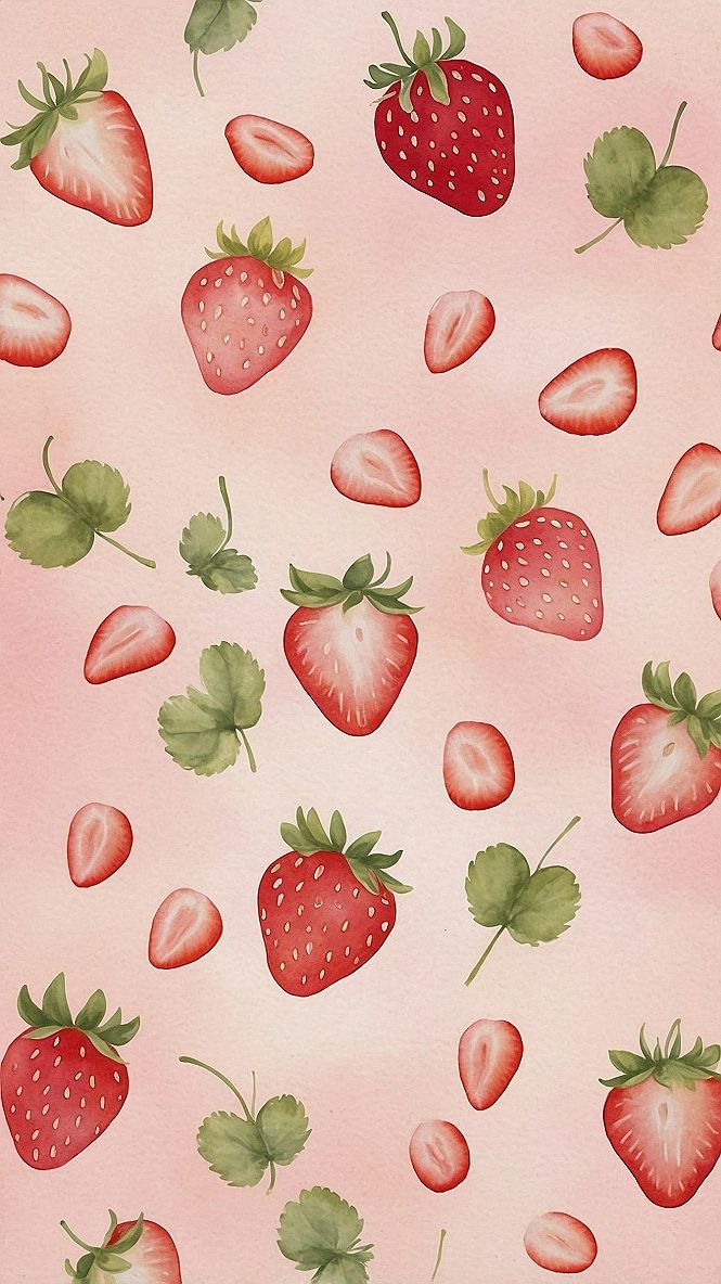 Watercolor strawberry print on soft pastel pink wallpaper