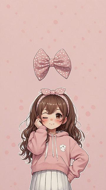 Blush pink anime girl illustration with polka dot bow and hoodie