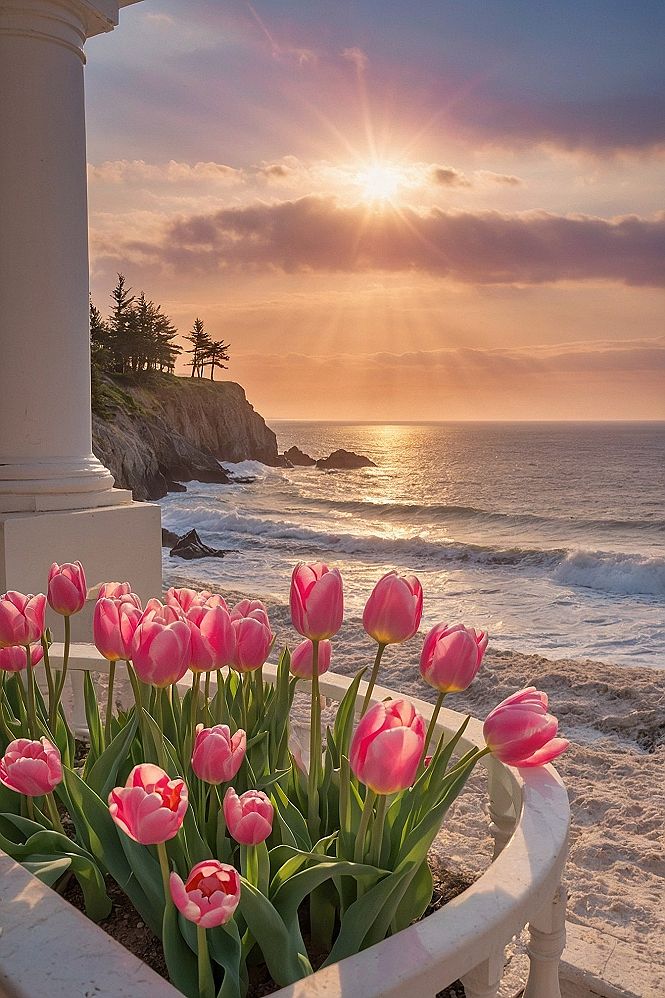 Golden sunset rays illuminating pink tulips on a coastal balcony