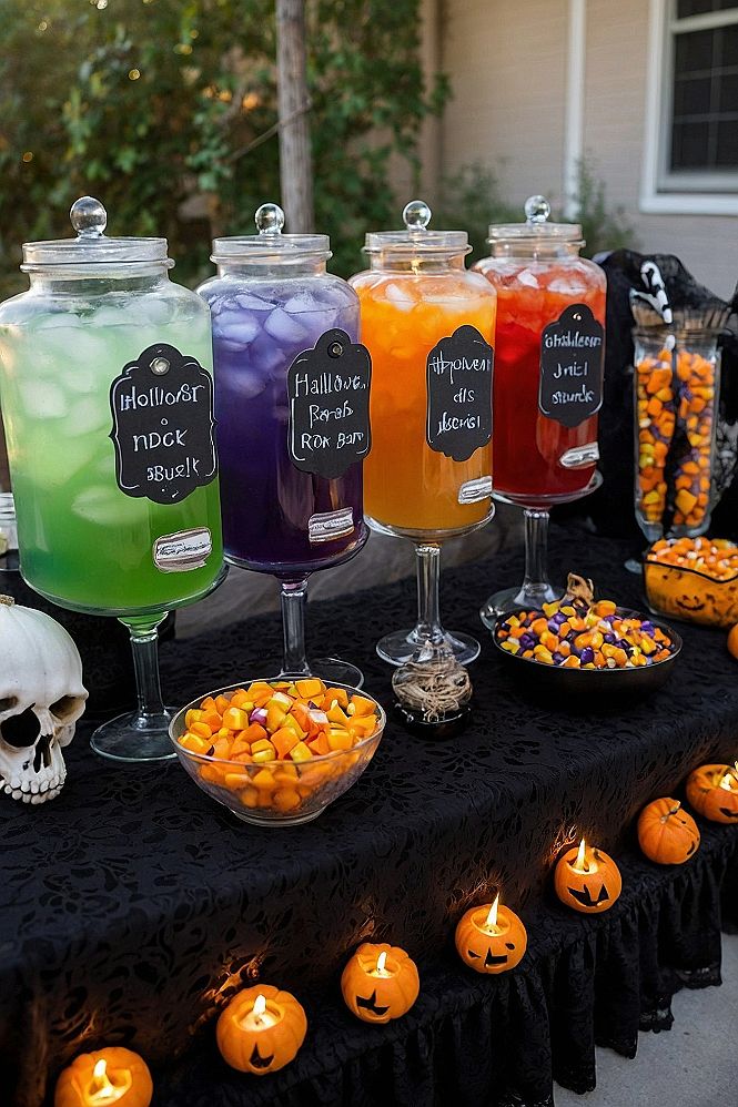 Setting Up a Spooky Drink Station with Large Glass Dispensers