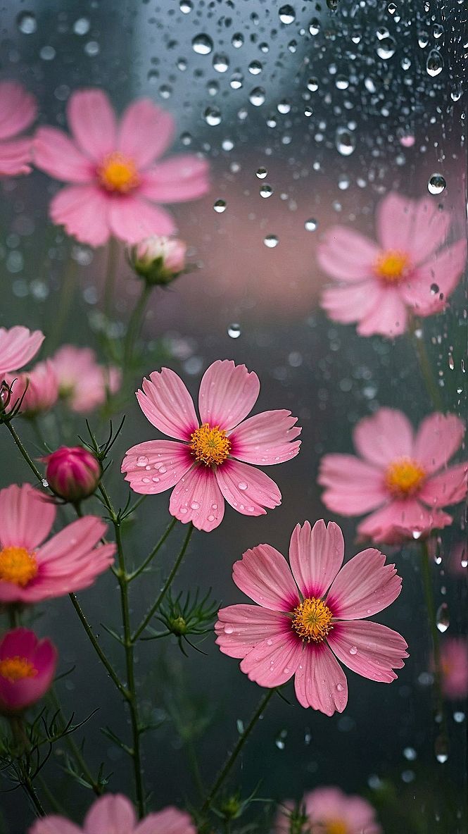 Rainy Day Pink Cosmos Spring Wallpapers