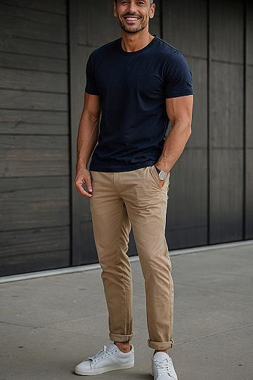 Styling a Dark Crew Neck T Shirt with Neutral Pants
