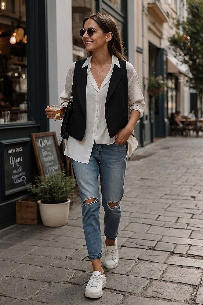 Layering A Black Vest Over A Lightweight Button Down Shirt