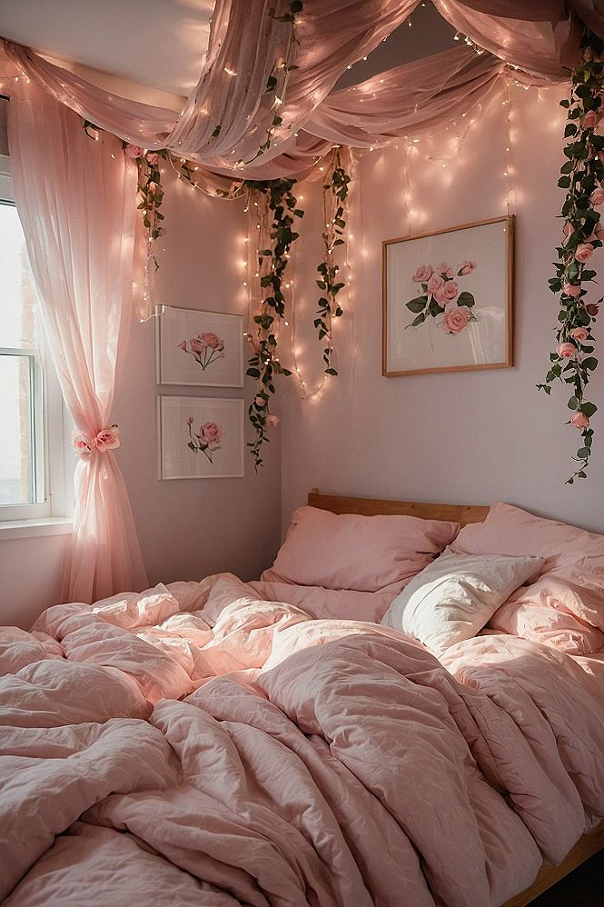 Creating a Soft Pink Bedroom With Fairy Lights and Drapes