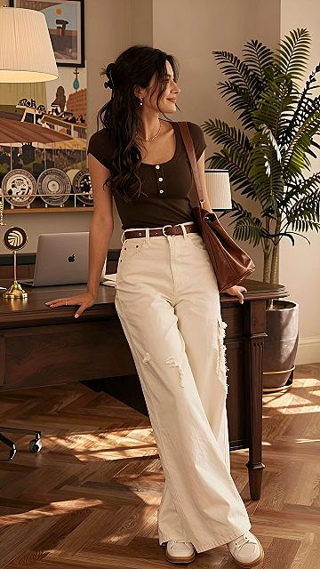 Pairing a Simple Brown Tee with White Pants