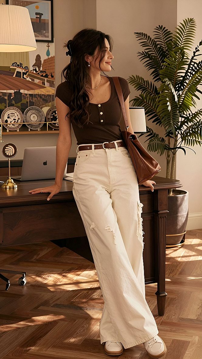 Pairing a Simple Brown Tee with White Pants