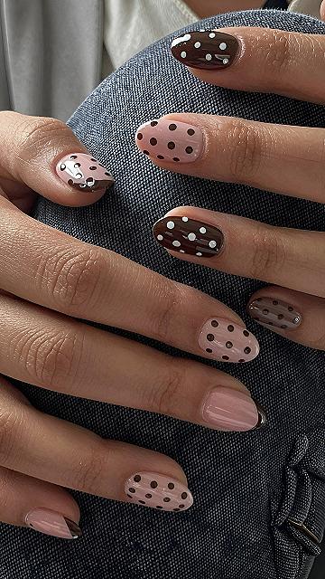 Chic Brown and Nude Polka Dot Gel Nail Designs