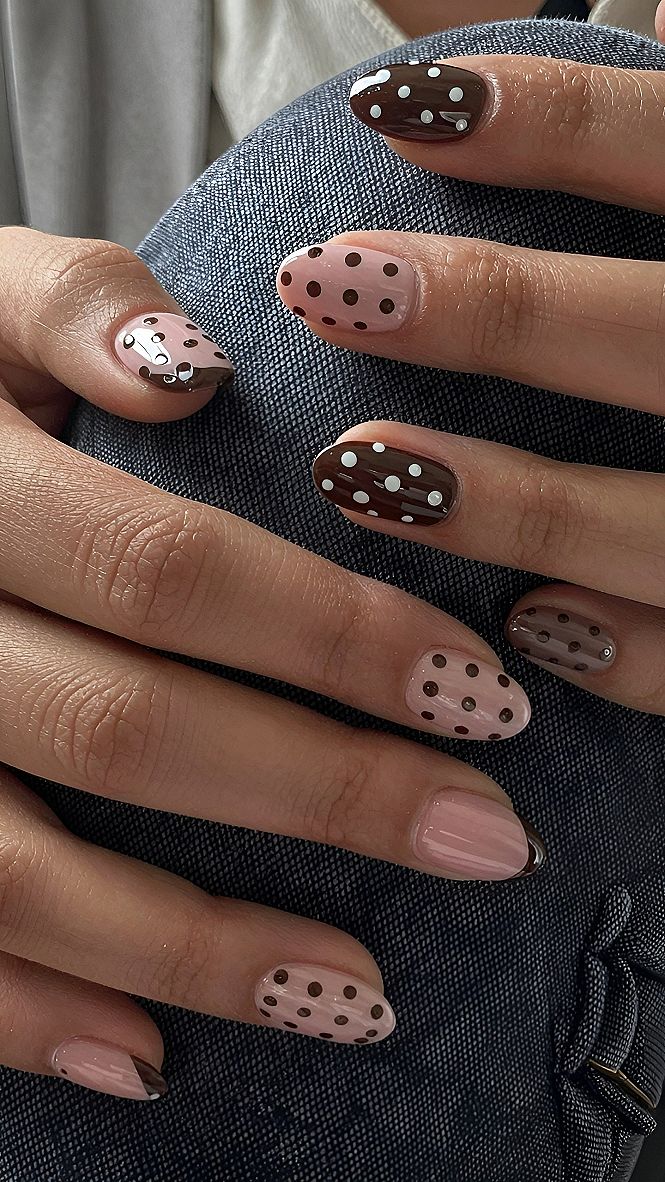 Chic Brown and Nude Polka Dot Gel Nail Designs