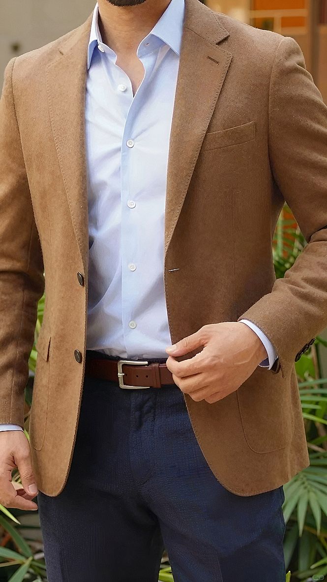 Pairing a Brown Suede Blazer With Simple Trousers
