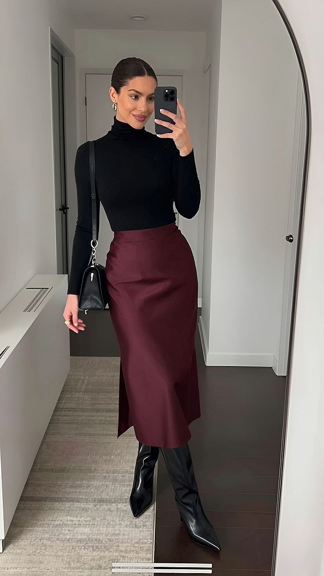 Styling a Fitted Turtleneck with a Midi Skirt