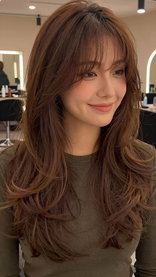 Long Layered Haircut With Soft Textured Curtain Bangs