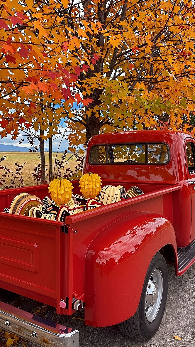 Decorating a vintage truck bed with pumpkins