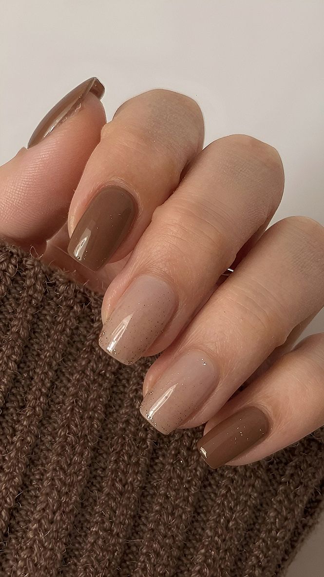 Simple Two Tone Brown And Beige Nails With Subtle Sparkle