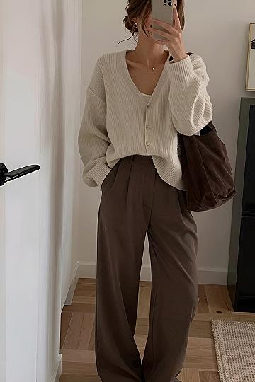 Layering a Relaxed Knit Cardigan with Wide Trousers