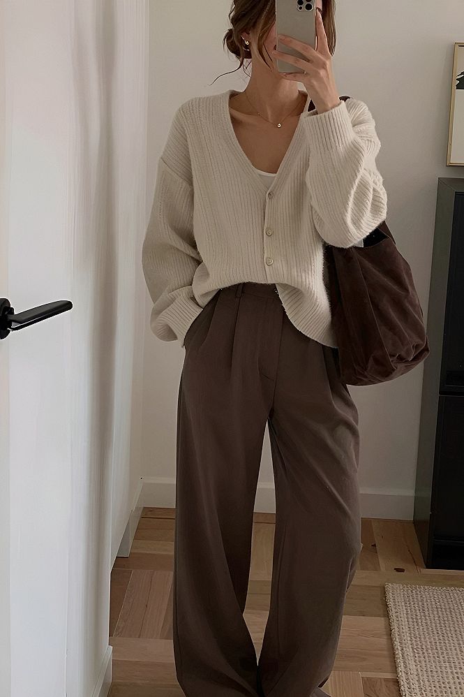 Layering a Relaxed Knit Cardigan with Wide Trousers