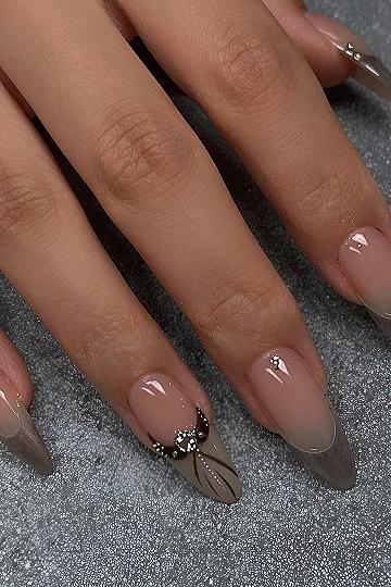 Black French Tips with Rhinestones and Metallic Accents