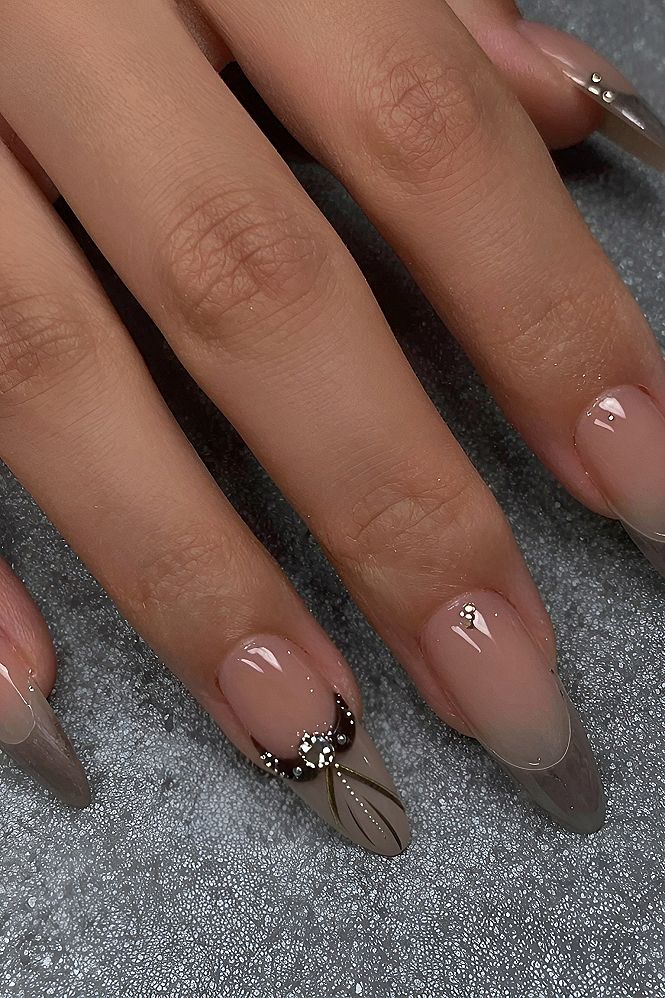 Black French Tips with Rhinestones and Metallic Accents