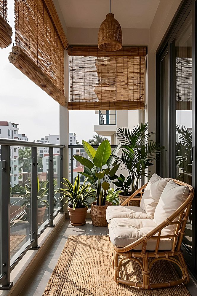 Natural Bamboo Blinds for a Cozy Bedroom Balcony