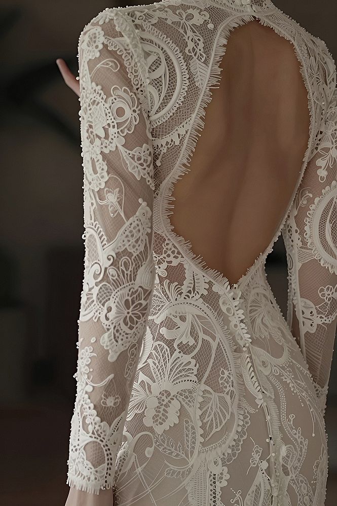 Long Sleeve Lace Gowns With Deep Back Openings