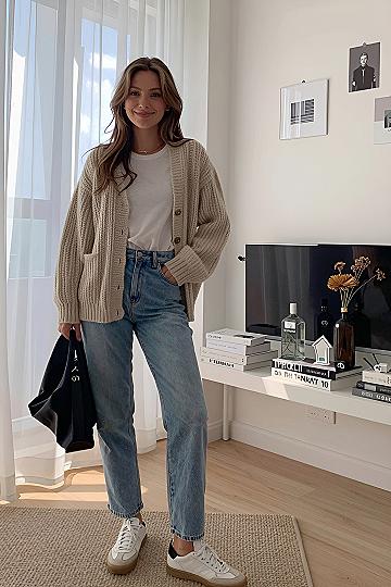 Pairing a Chunky Knit Cardigan with Classic Denim