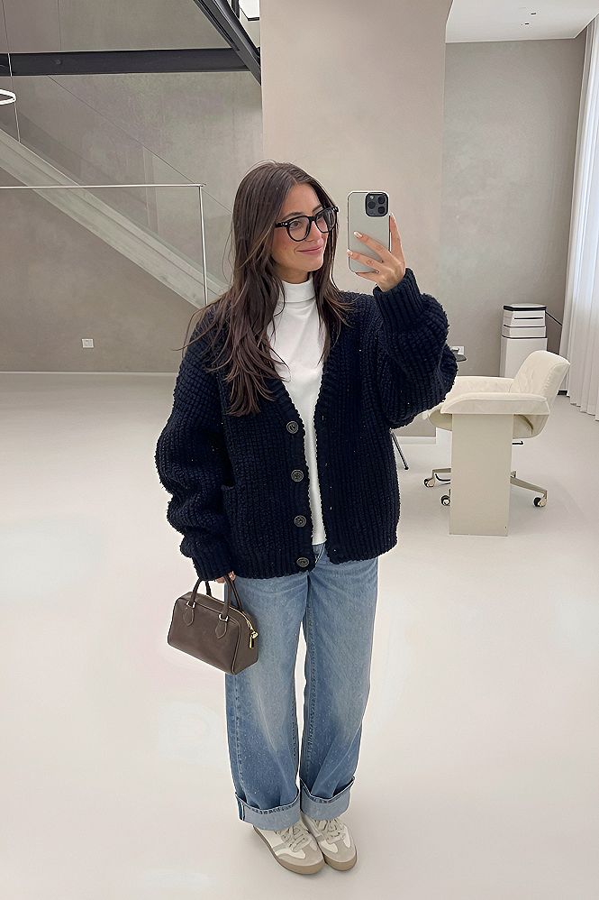 Pairing a Chunky Navy Cardigan with Classic Denim
