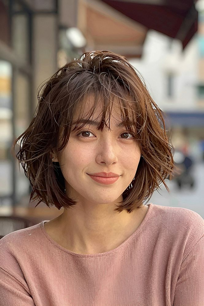 Textured Chin Length Bob With Soft Bangs